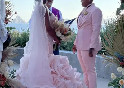 A woman wearing an elegant wedding gown crafted by Richard Bennett Custom Tailors in Chicago